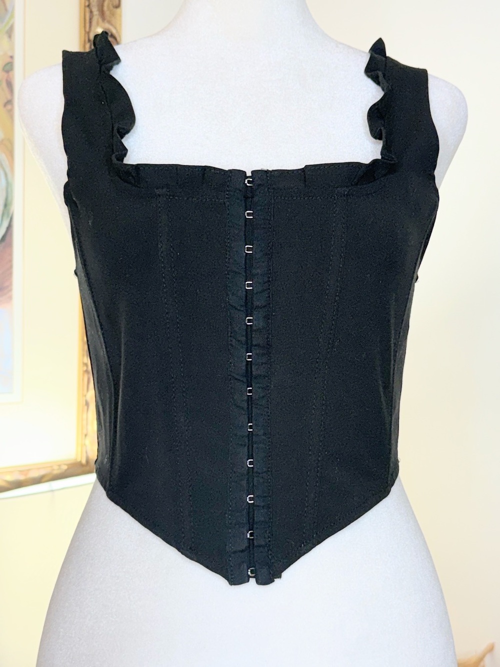 Forever 21 Black Corset Crop Top Ruffle Strap Hook Eye Bustier Women’s S